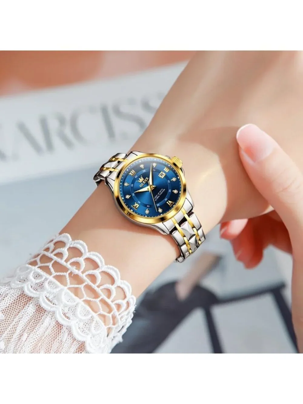 Women Silver Blue Analog Quartz Stainless Steel Waterproof Luminous Luxury Watch